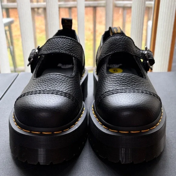 NWOT-Dr. Martens Addina Flower Black Leather Buckle Mary Jane Dress Shoes Size 9 - Picture 2 of 7